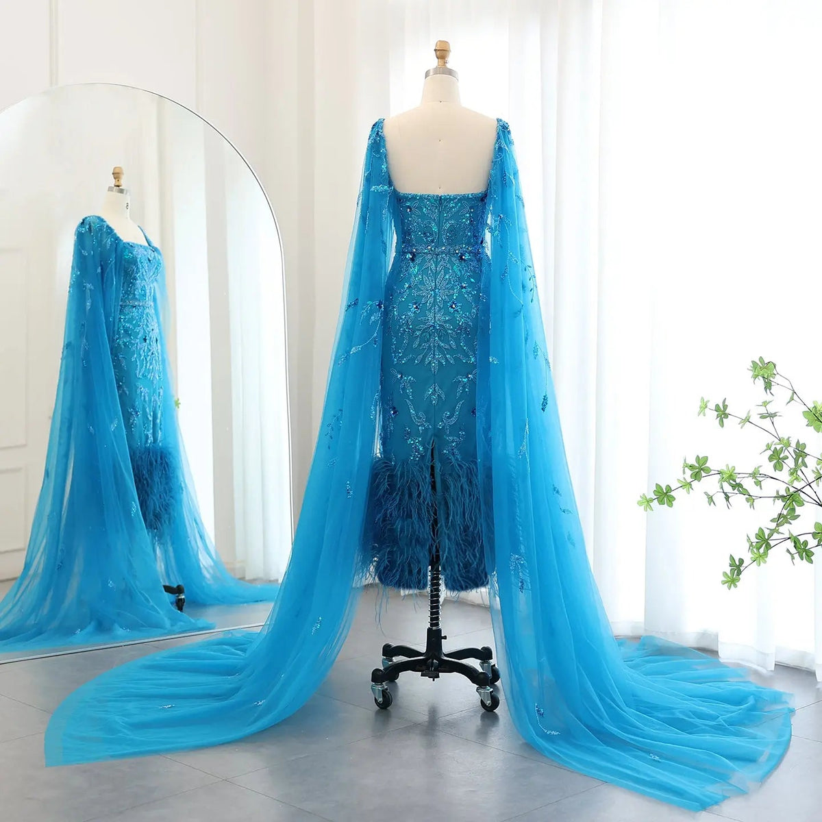 Luxury Feathers Lilac Evening Dress with Cape Sleeves SS381