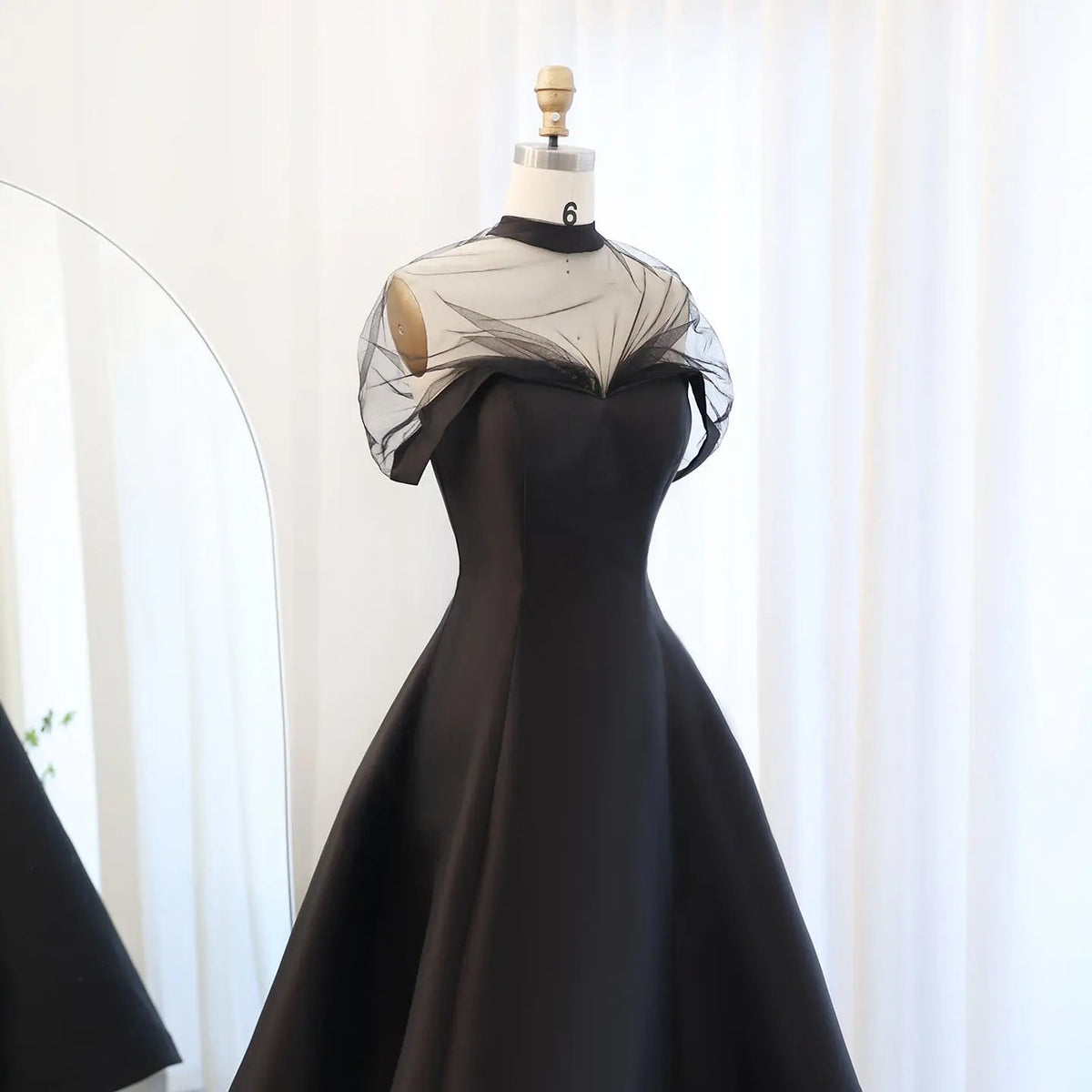 Elegant Black Strapless A-Line Evening Dress with Cape SF026