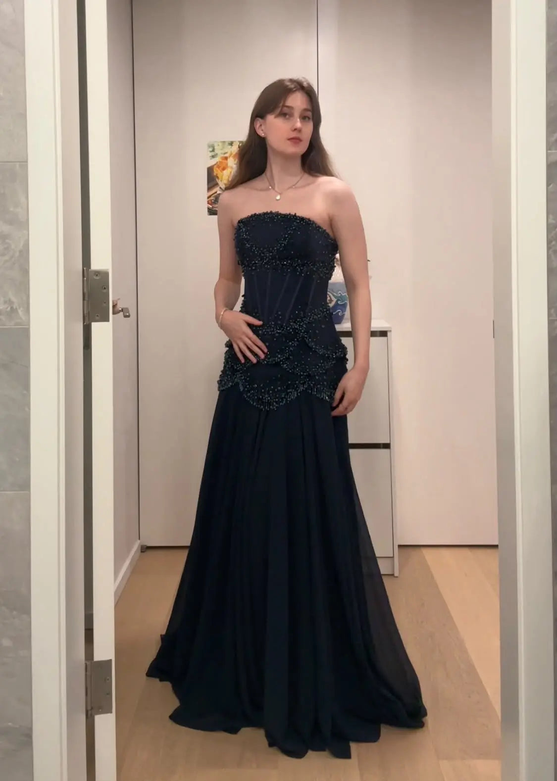 Luxury Pearls Tassel Blue and Yellow Evening Dress with Flowing Sleeves SS286