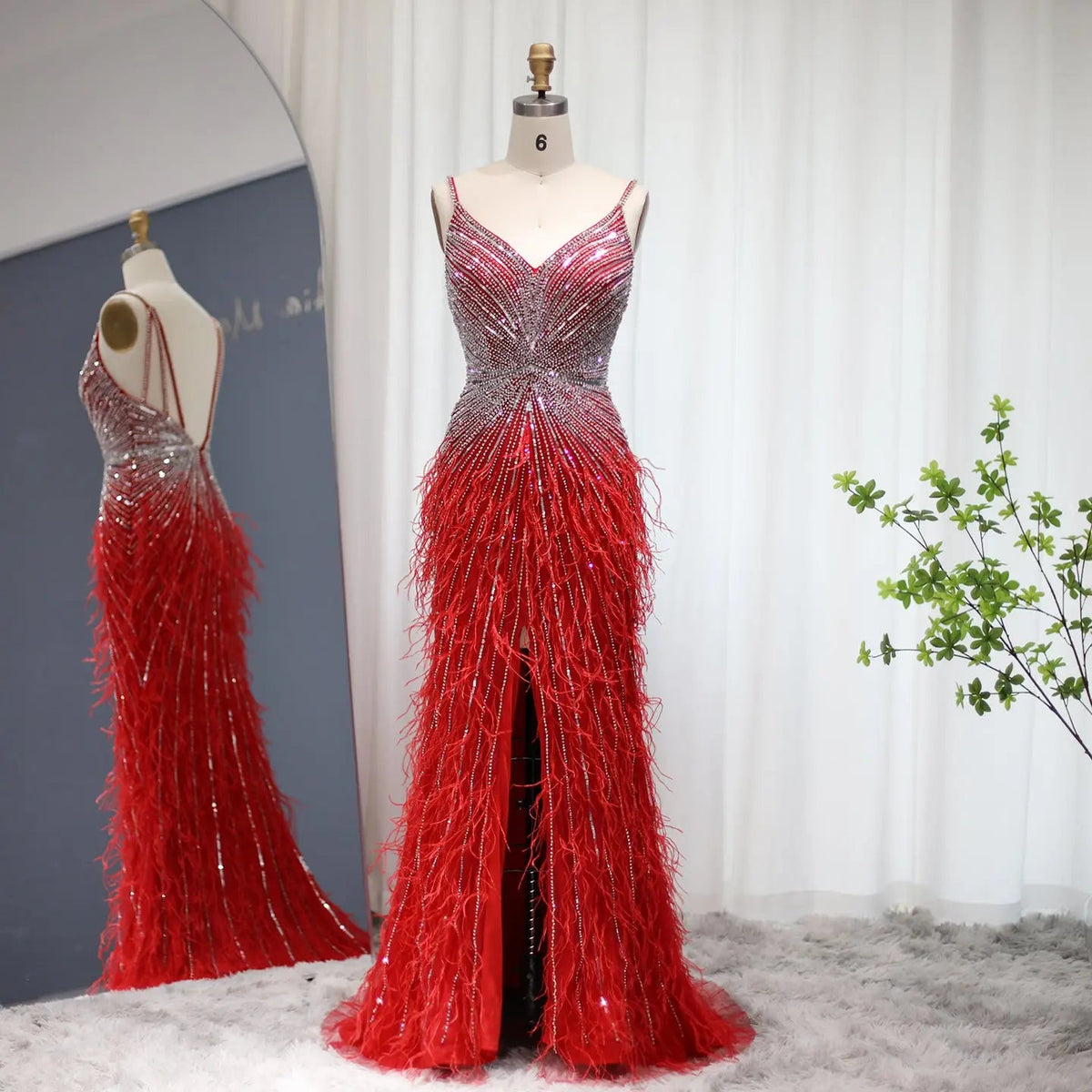 Luxury Beaded Blue Mermaid Feathers Prom Dress SS004
