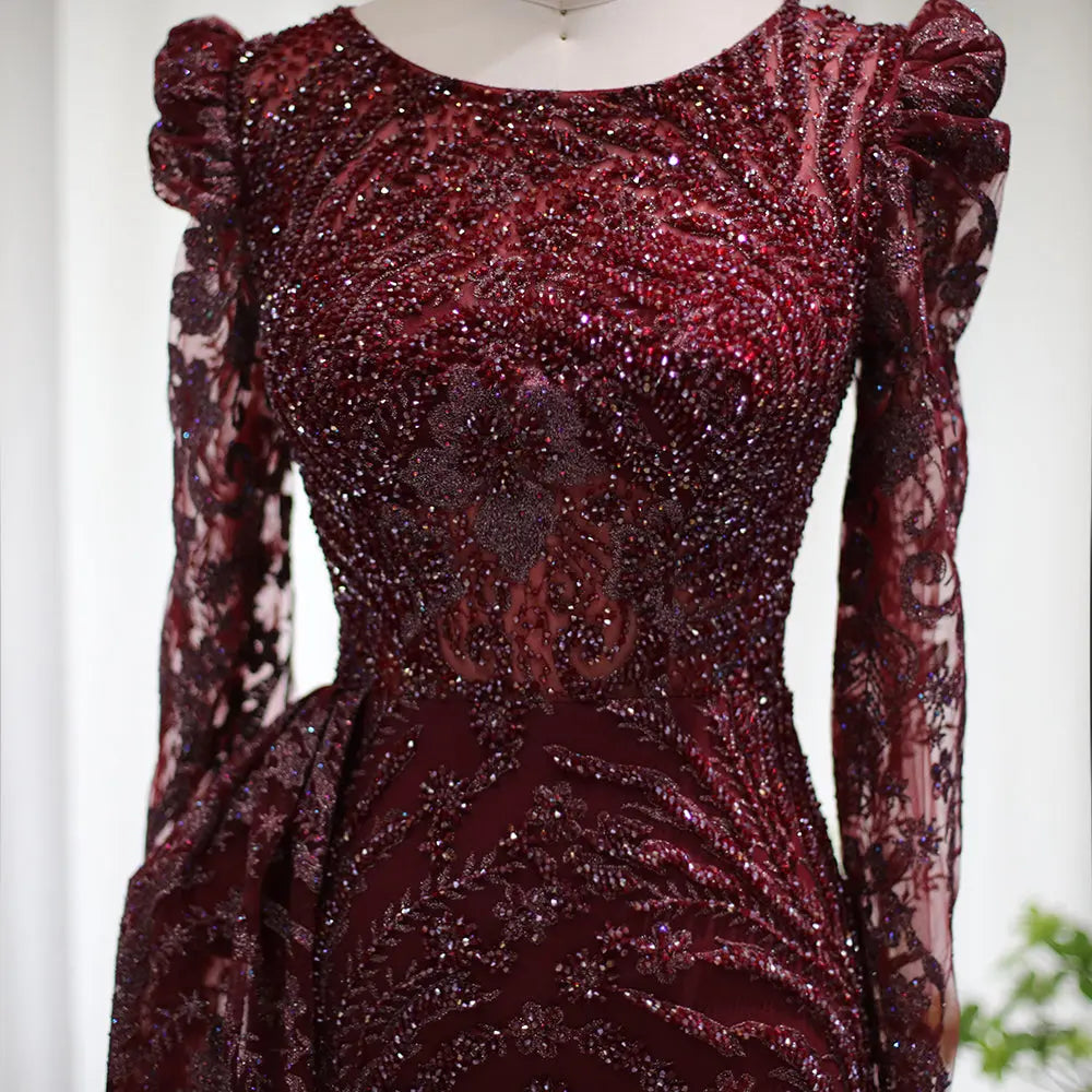 Luxury Burgundy Long Sleeves Evening Dress with Overskirt SS127