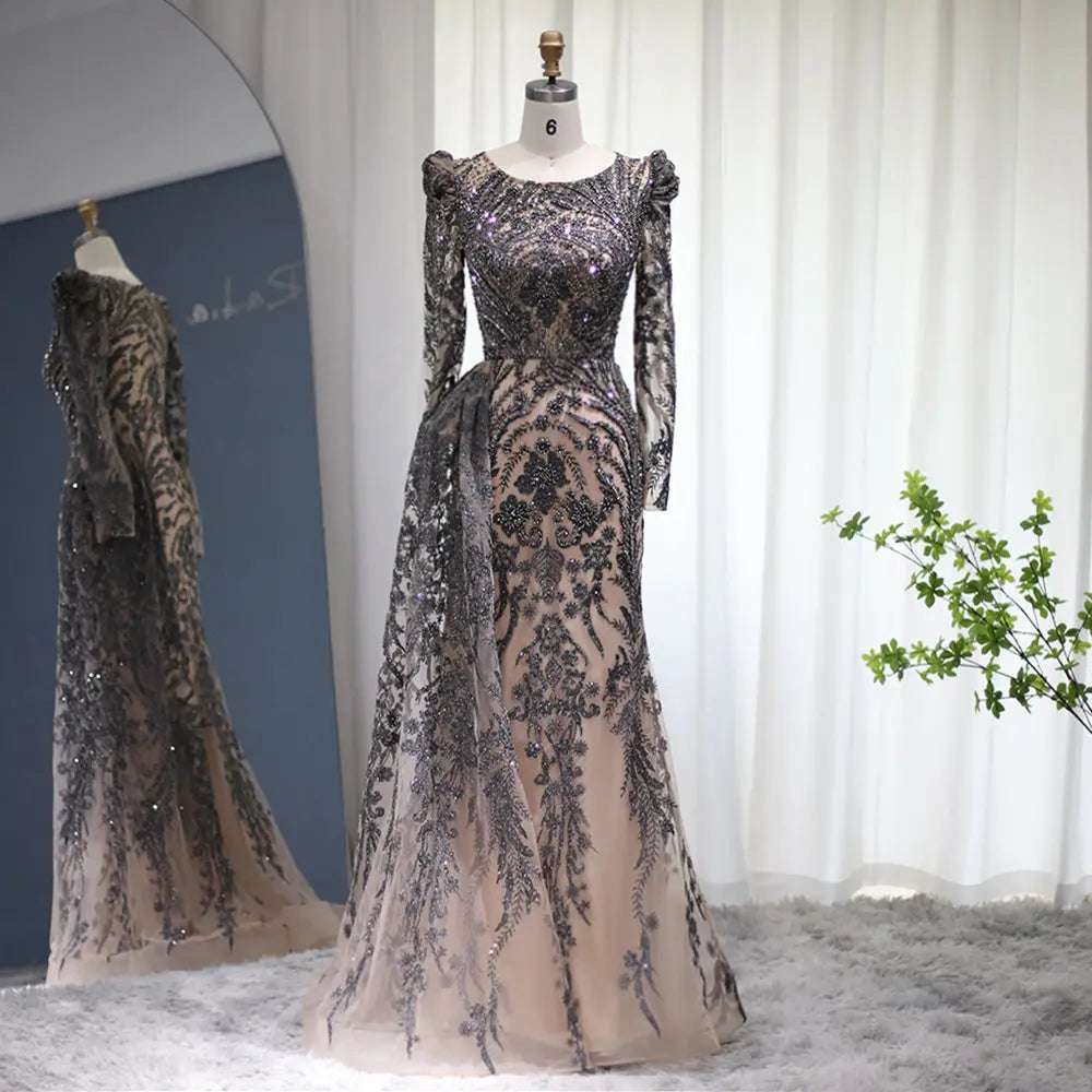 Luxury Burgundy Long Sleeves Evening Dress with Overskirt SS127