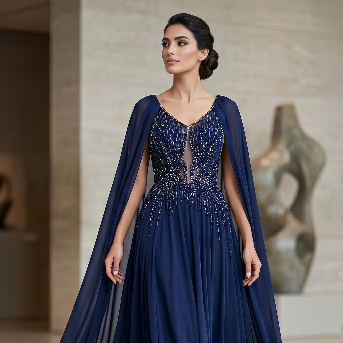 Luxury Purple V-Neck Beaded Chiffon Evening Dress with Cape Sleeves SS053