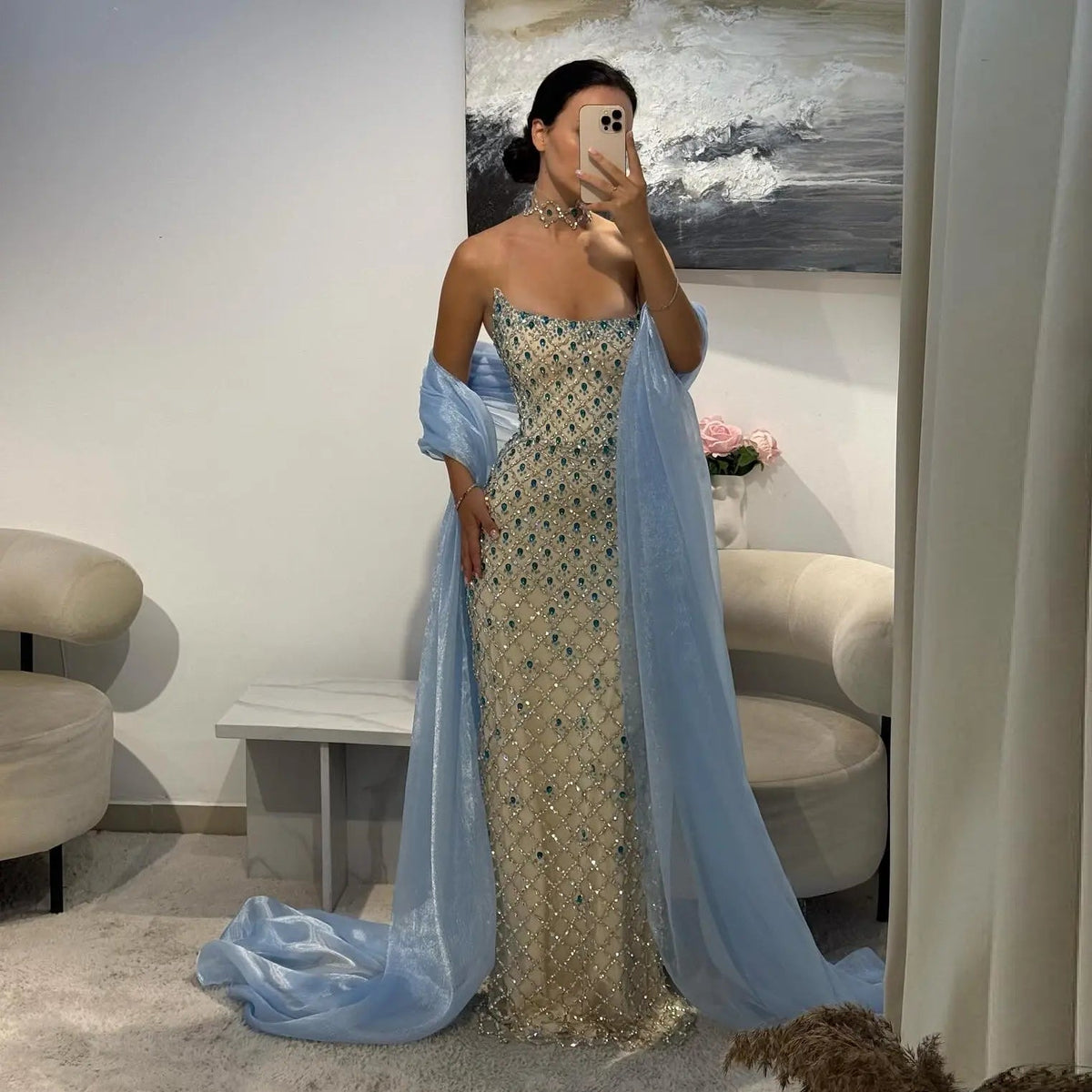 Luxury Blue Beaded Mermaid Evening Dress with Cape Sleeve and Choker SS506