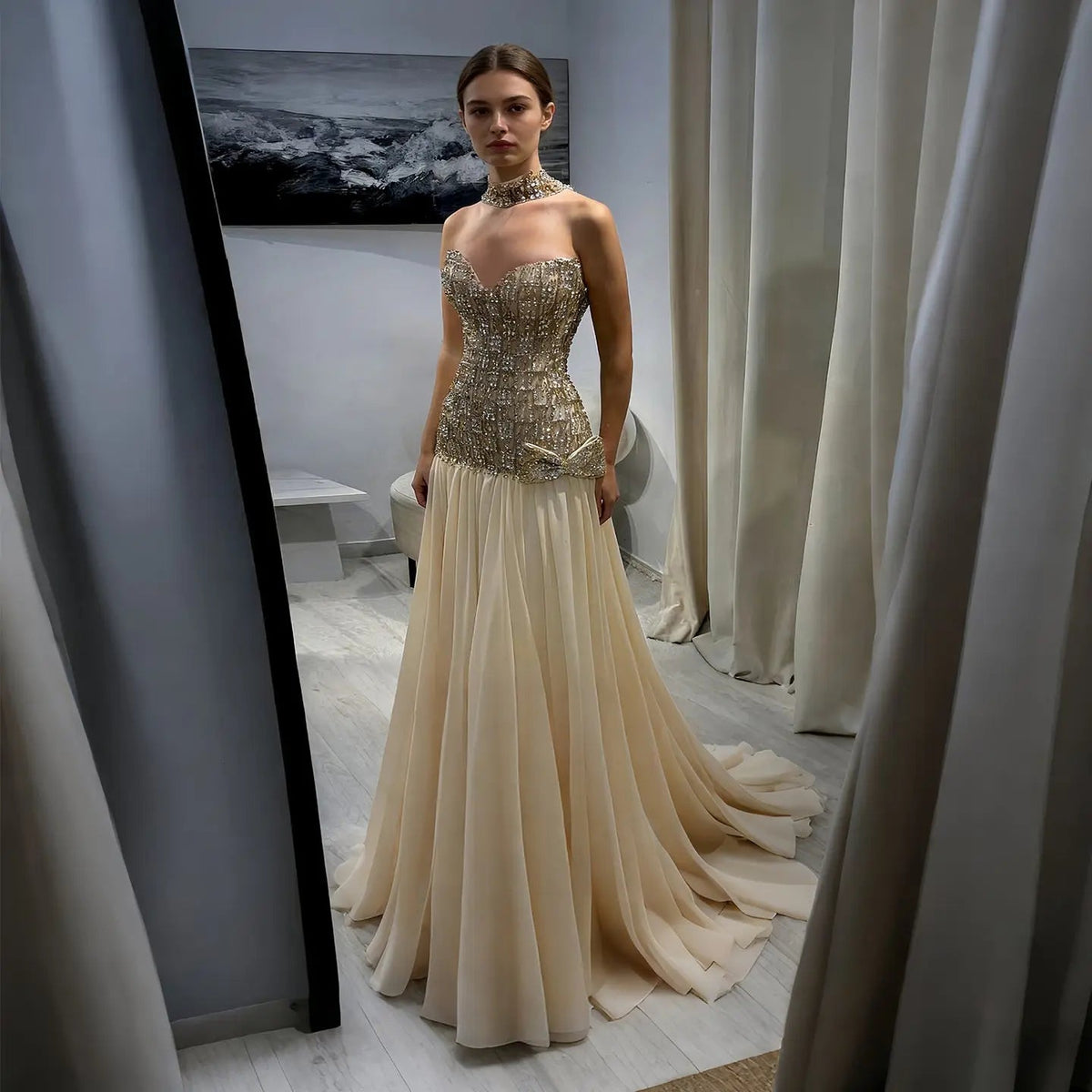 Opulent Gold Strapless Beaded Corset Evening Dress with Choker SS504