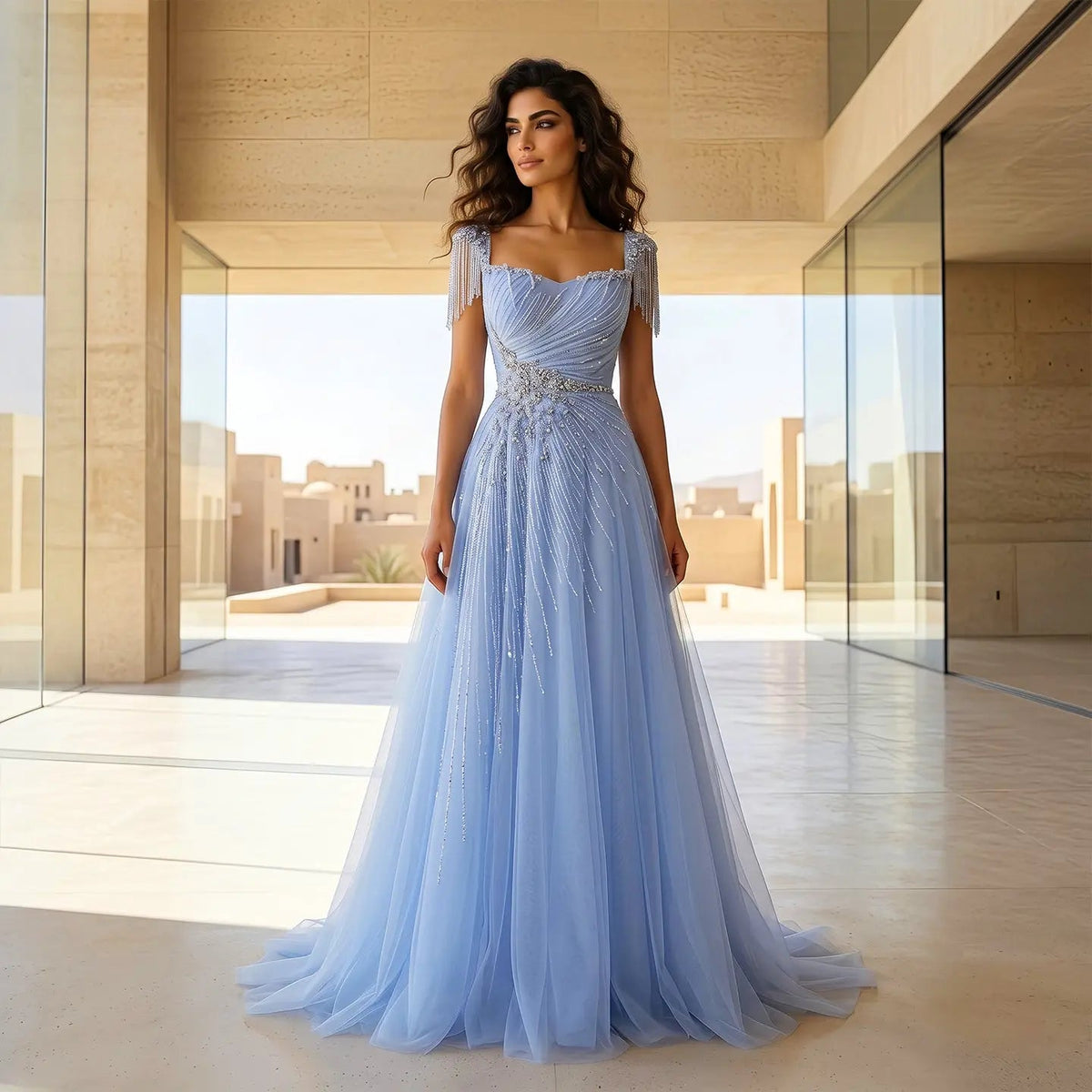 Luxury Blue Tassel Beaded Tulle A-Line Evening Dress SS058