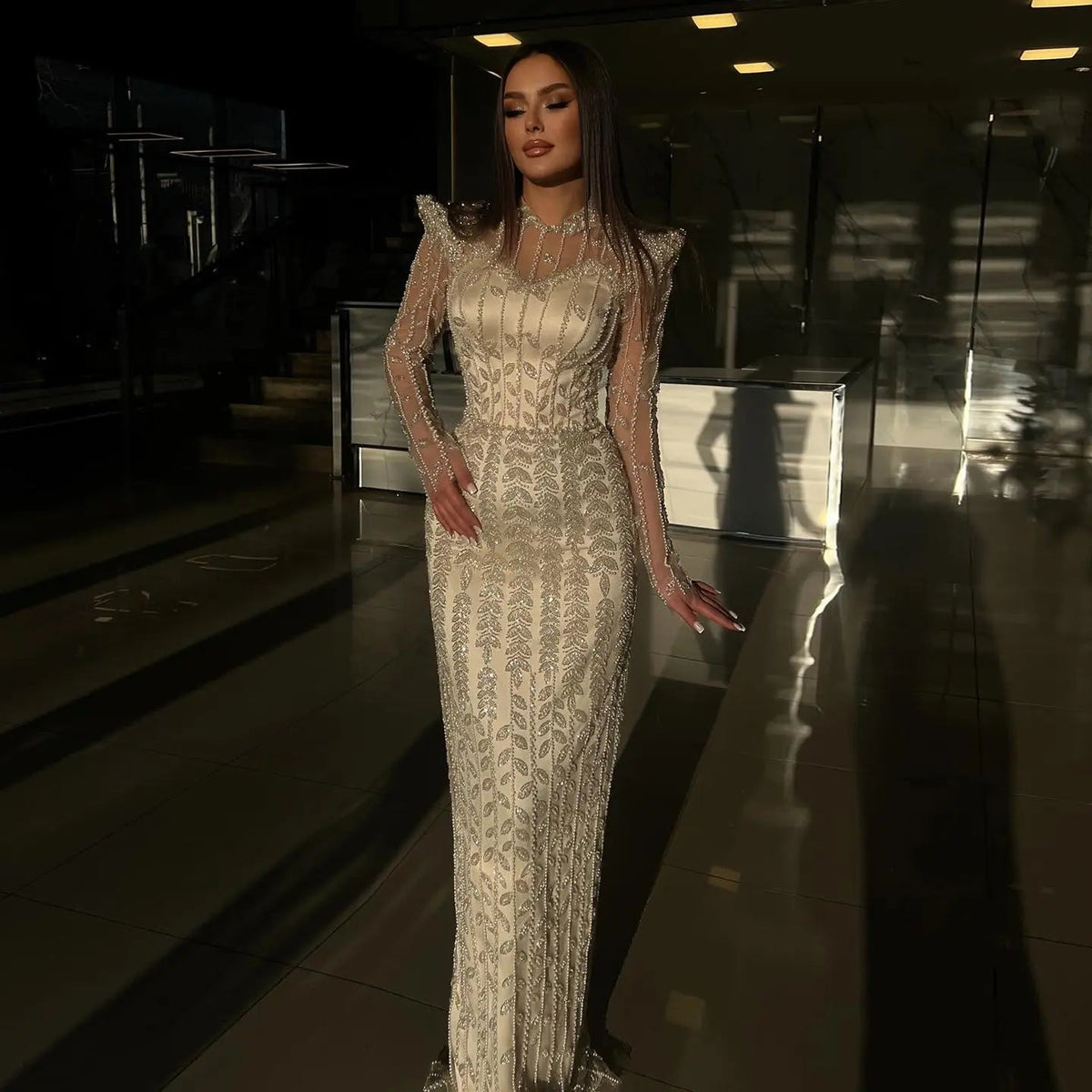 Luxury Cream Long Sleeves Evening Dress SS696