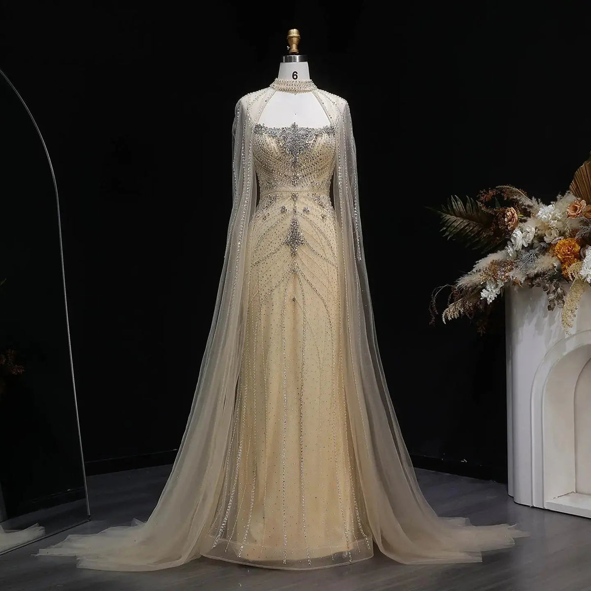 Luxury Champagne Halter Neck Cape Sleeve Beaded Evening Dress SS131