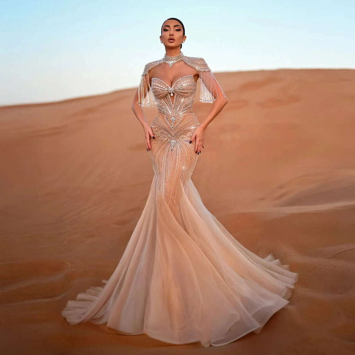 Luxury Champagne Beaded Crystal Evening Dress with Tassel Shoulder SS021