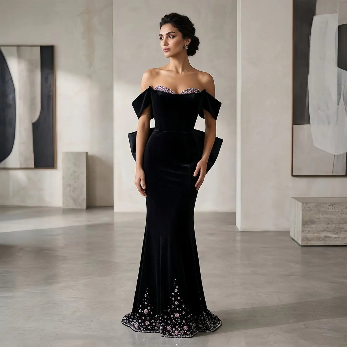 Luxury Black Velvet Beaded Fitted Train Evening Dress with Bow SS739