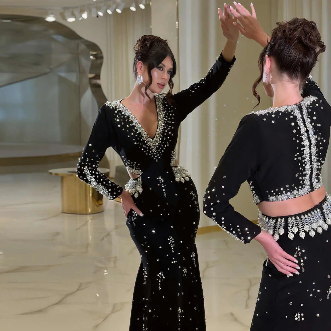 Luxury Black Pearl Beaded Long Sleeve Evening Dress XD019
