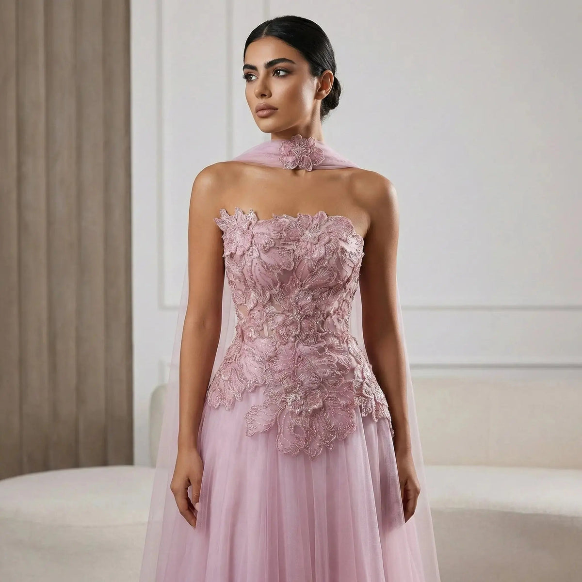 Luxury Pink 3D Floral Strapless Tulle Cape Evening Dress with Scarf SS239