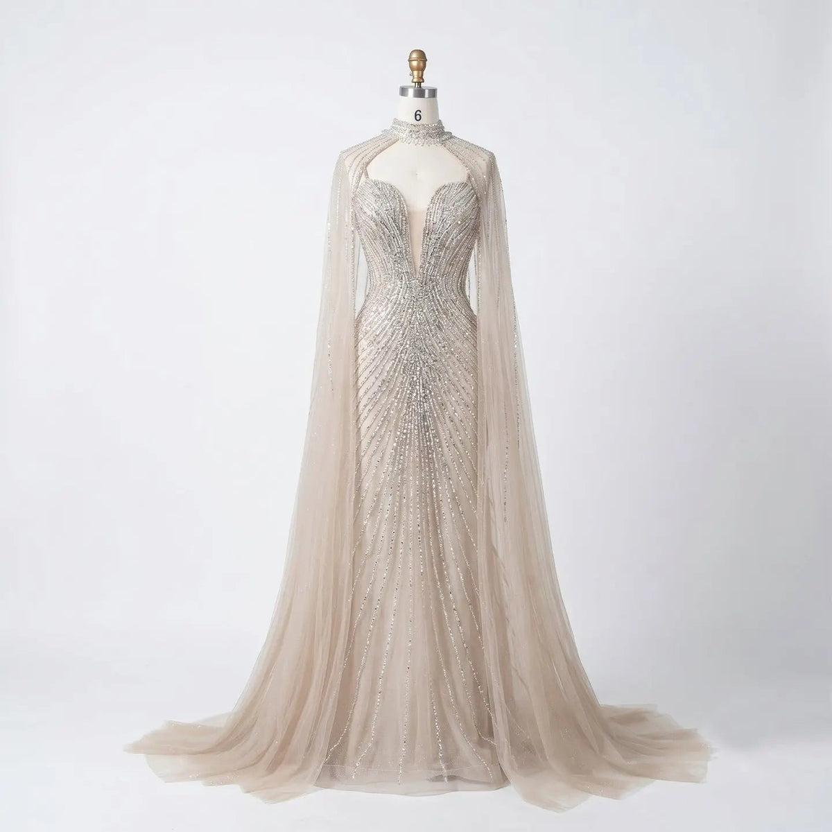 Lilac Sheer Cape Mermaid Full Hand Beaded Evening Dress SS114