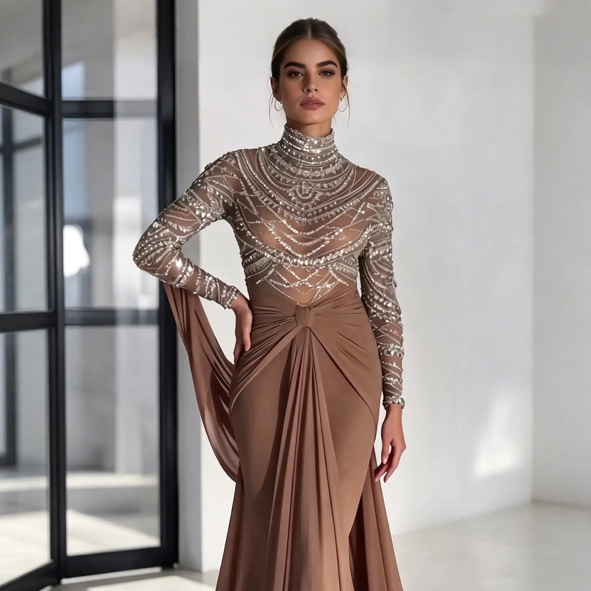 Glamorous Brown High Neck Beaded Evening Dress with Draped Skirt SS402