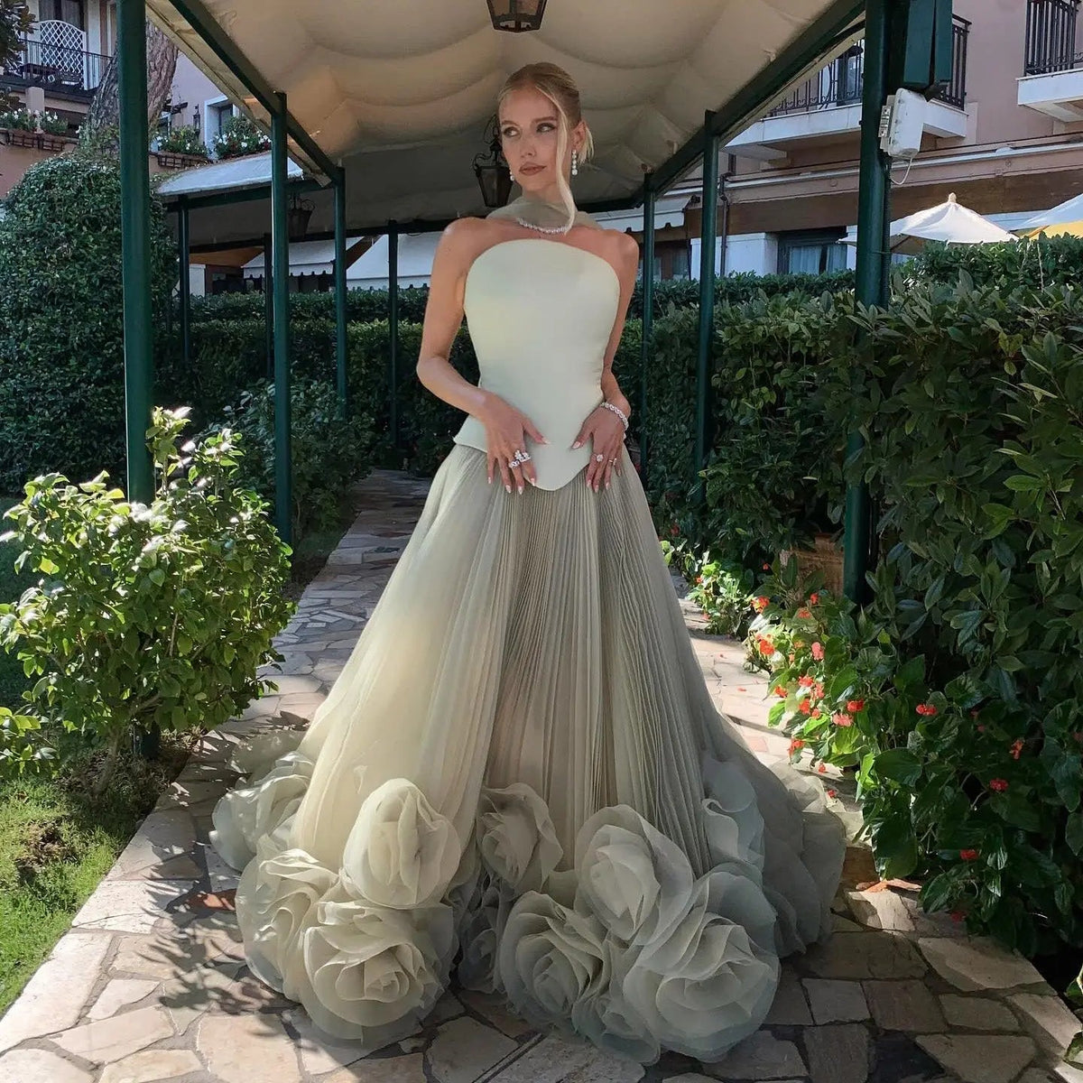 Glamorous Mint Green Strapless Tulle Evening Dress with Cape SF 300