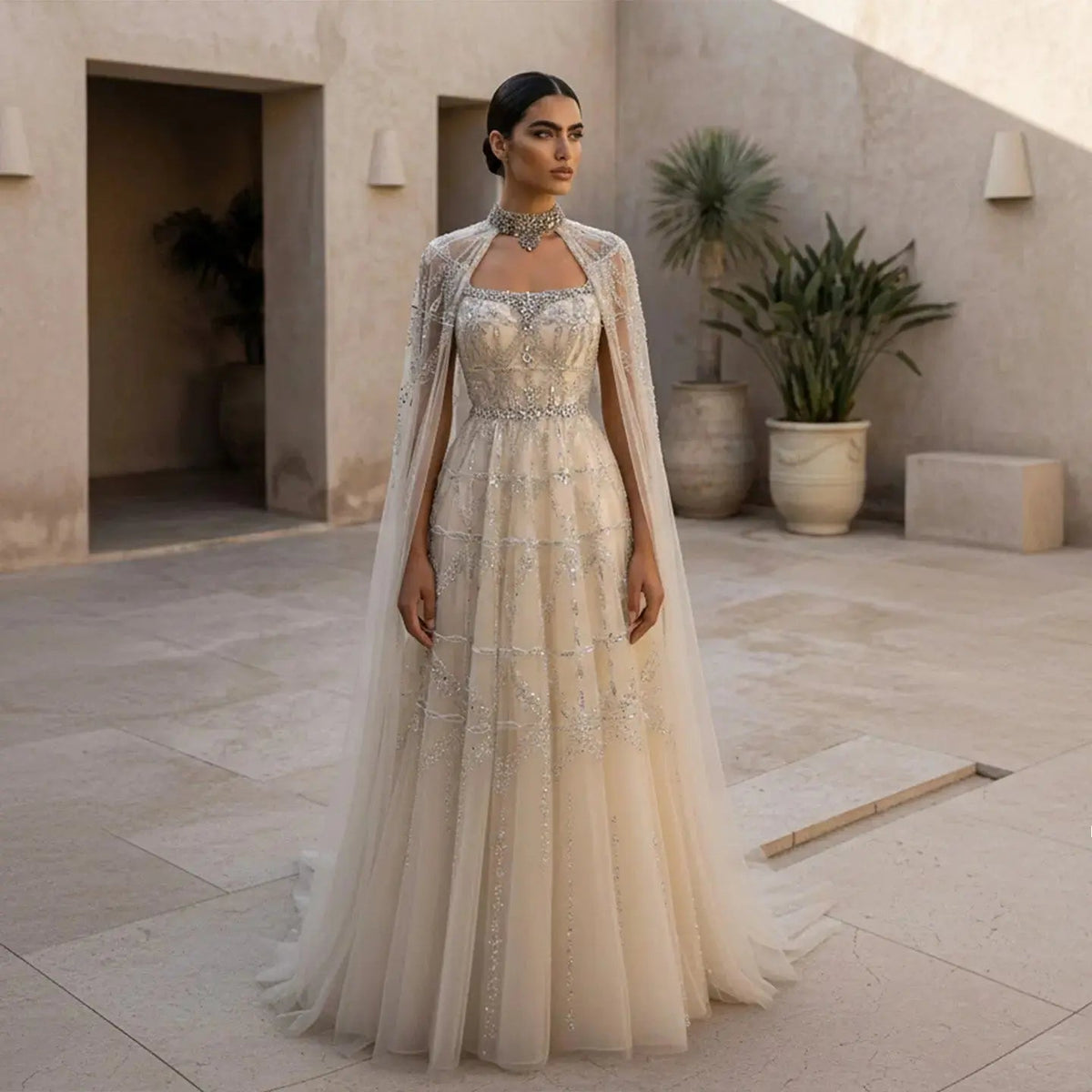 Luxury Cream Heavy Beaded Train Evening Dress with Cape SS486
