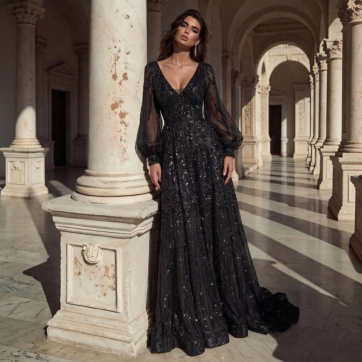 Glamorous Pink Allover Beaded Sheer Tulle Bubble Sleeve Formal Evening Dress SS057