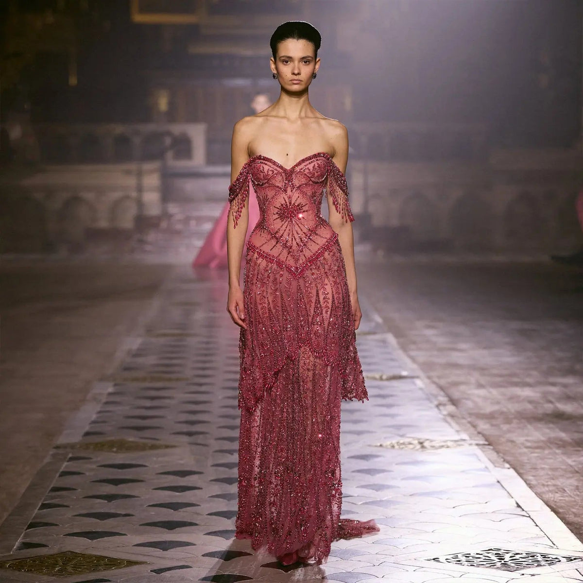 Fuchsia Beading Tassel Off-Shoulder Sleeves Evening Dresses SS516