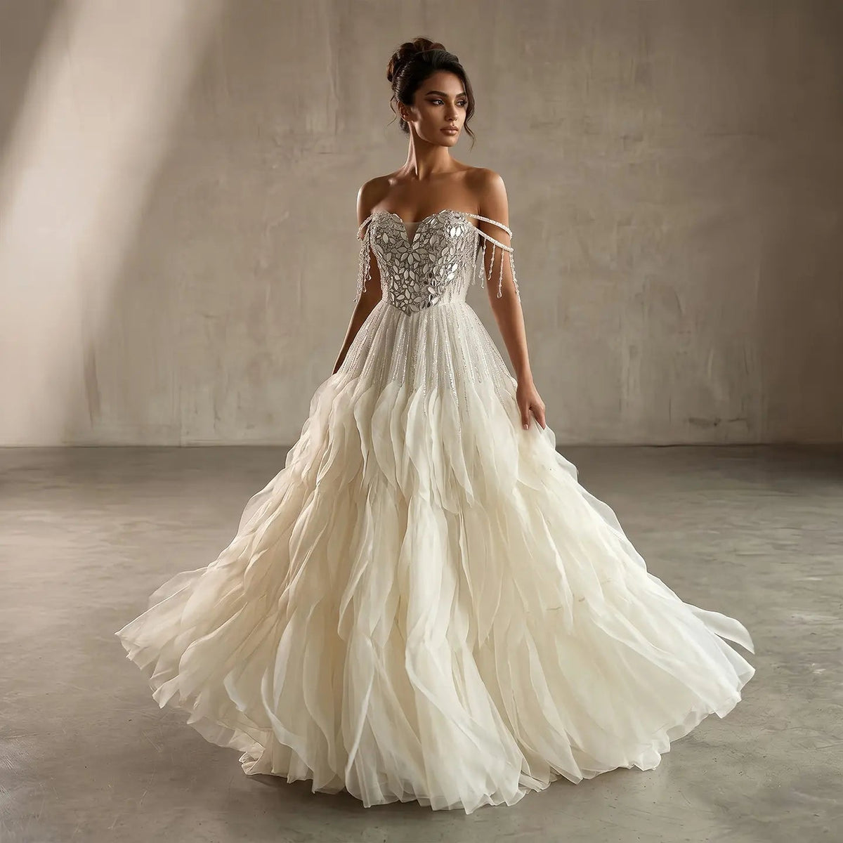 Luxury Beige Tassel Strapless Layered Tulle Ball Gown Evening Dress SS734