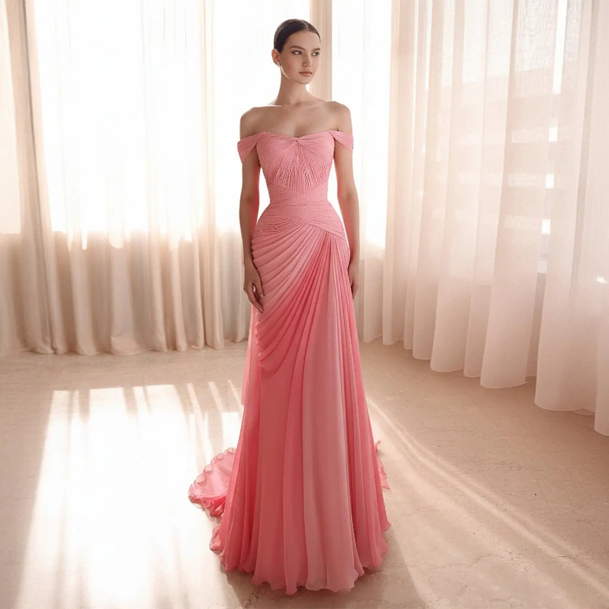 Glamorous Coral Off-the-Shoulder Evening Dress with Ombre Pleated Detail SF424
