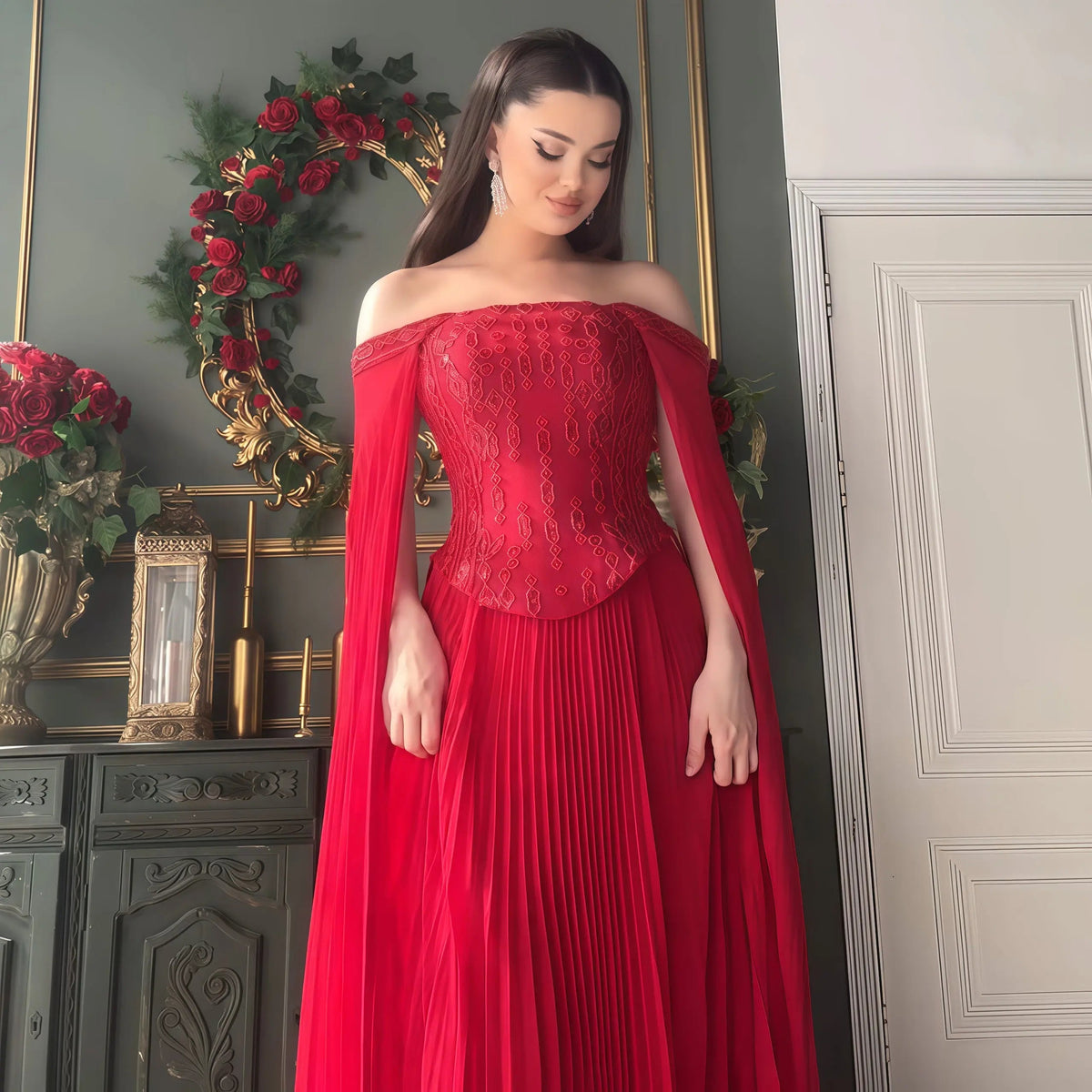 Elegant Wine Red Beaded Corset Evening Dress with Cape Sleeves SS349