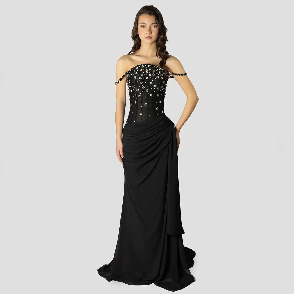 Luxury Black Beaded Corset Ruched Mermaid Evening Dress SS248