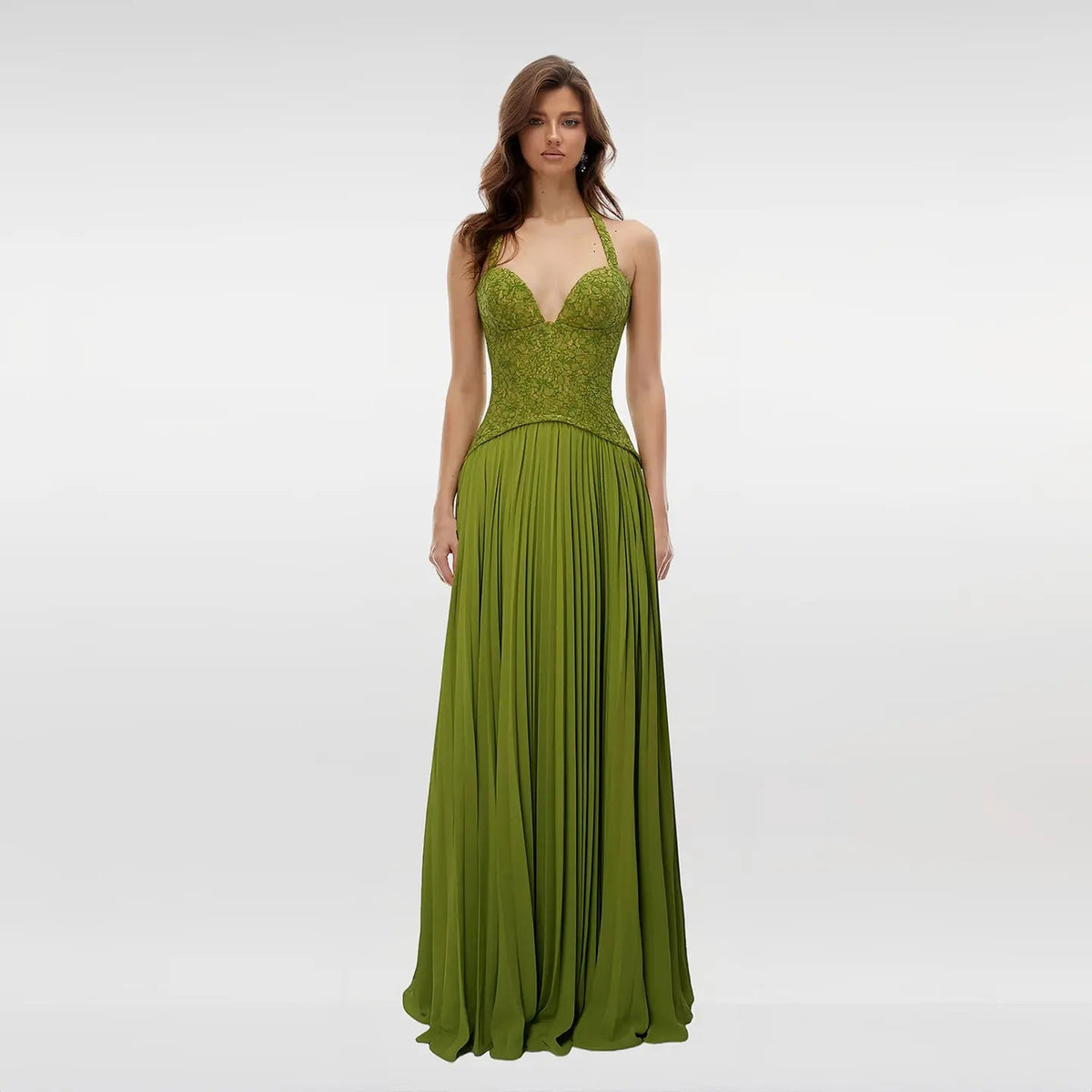 Luxury Green Halter Evening Dress with Lace Corset Bodice SF419