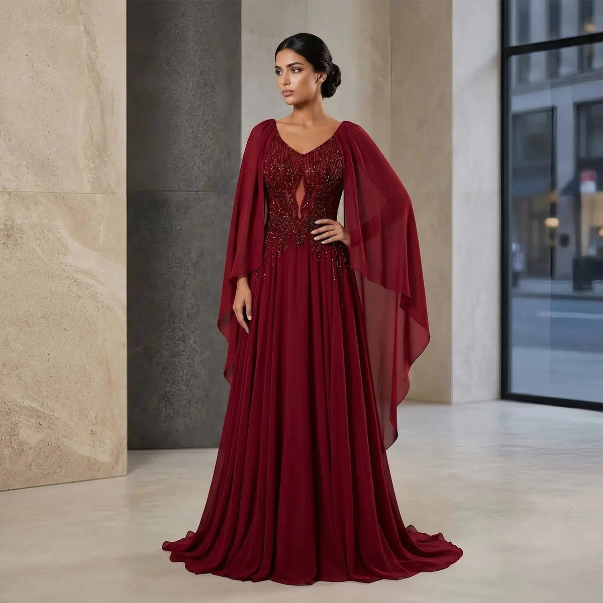 Luxury Purple V-Neck Beaded Chiffon Evening Dress with Cape Sleeves SS053