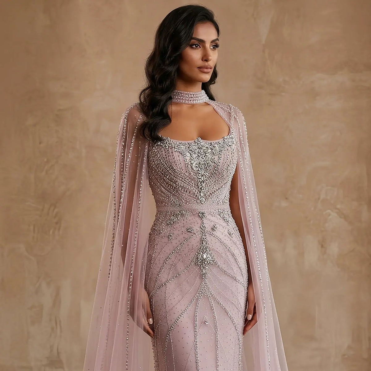 Luxury Champagne Halter Neck Cape Sleeve Beaded Evening Dress SS131