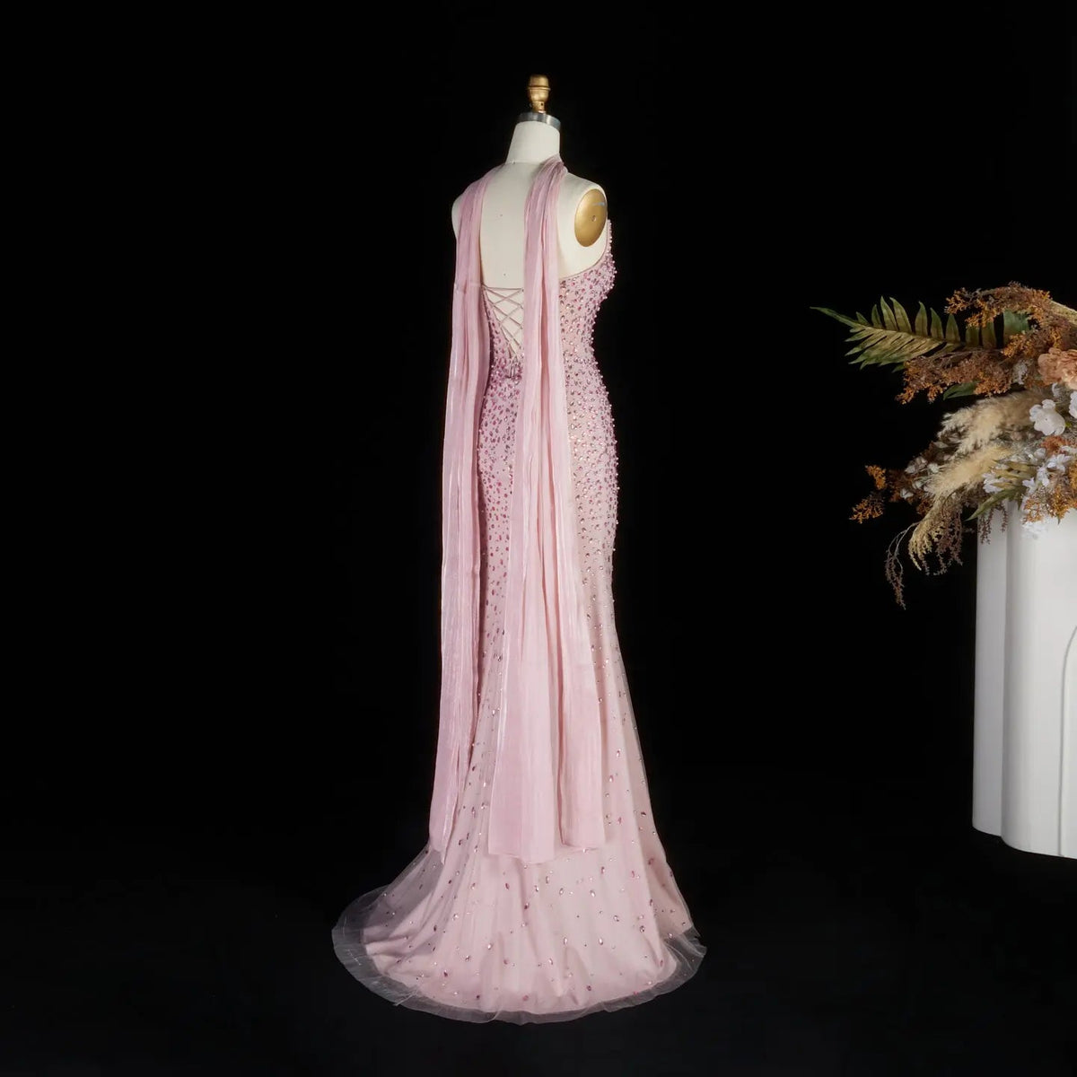 Glamorous Pink Strapless Crystal Evening Dress with Choker and Cape SS382