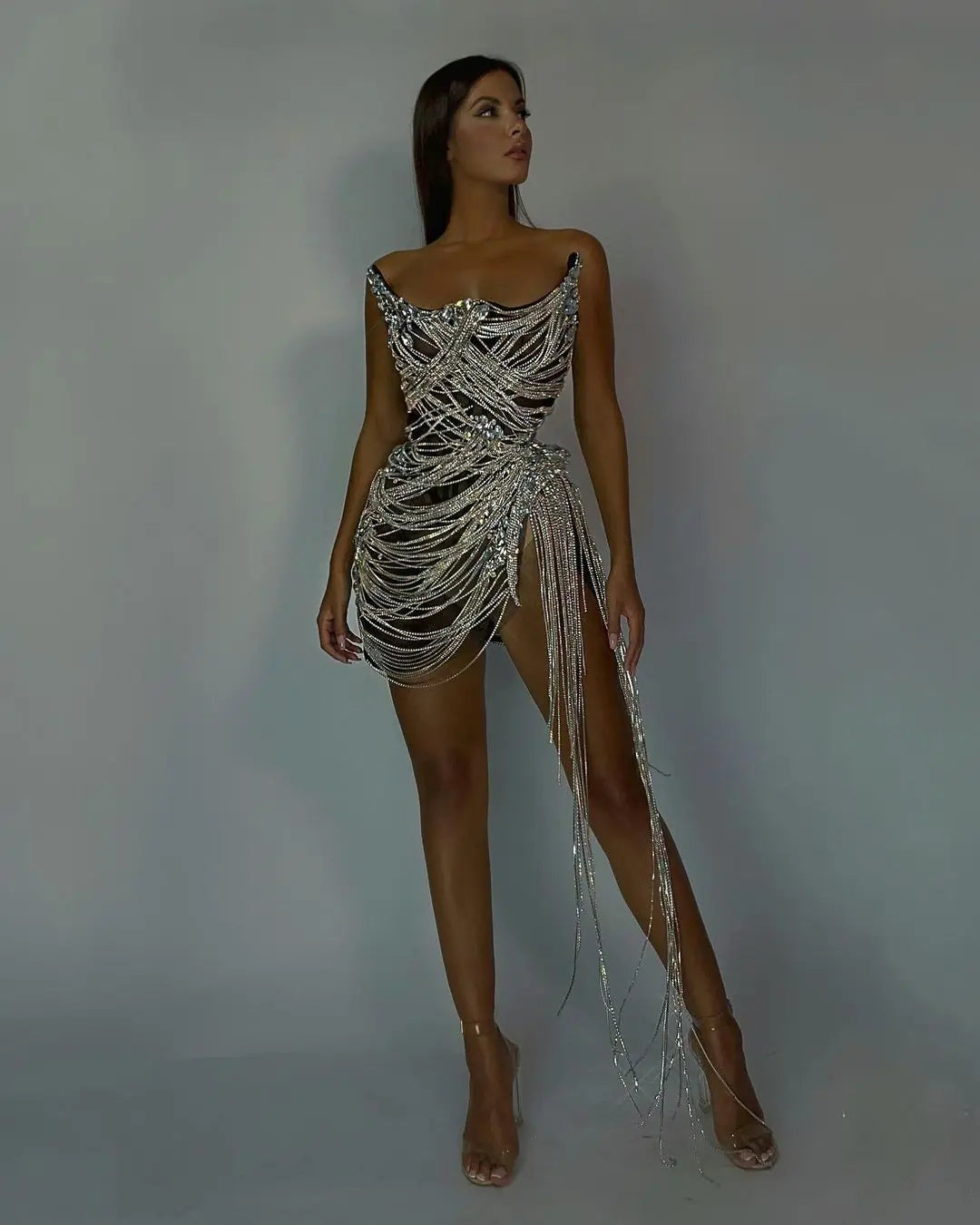 Luxury Crystal Tassels Strapless Short Homecoming Dress RM012