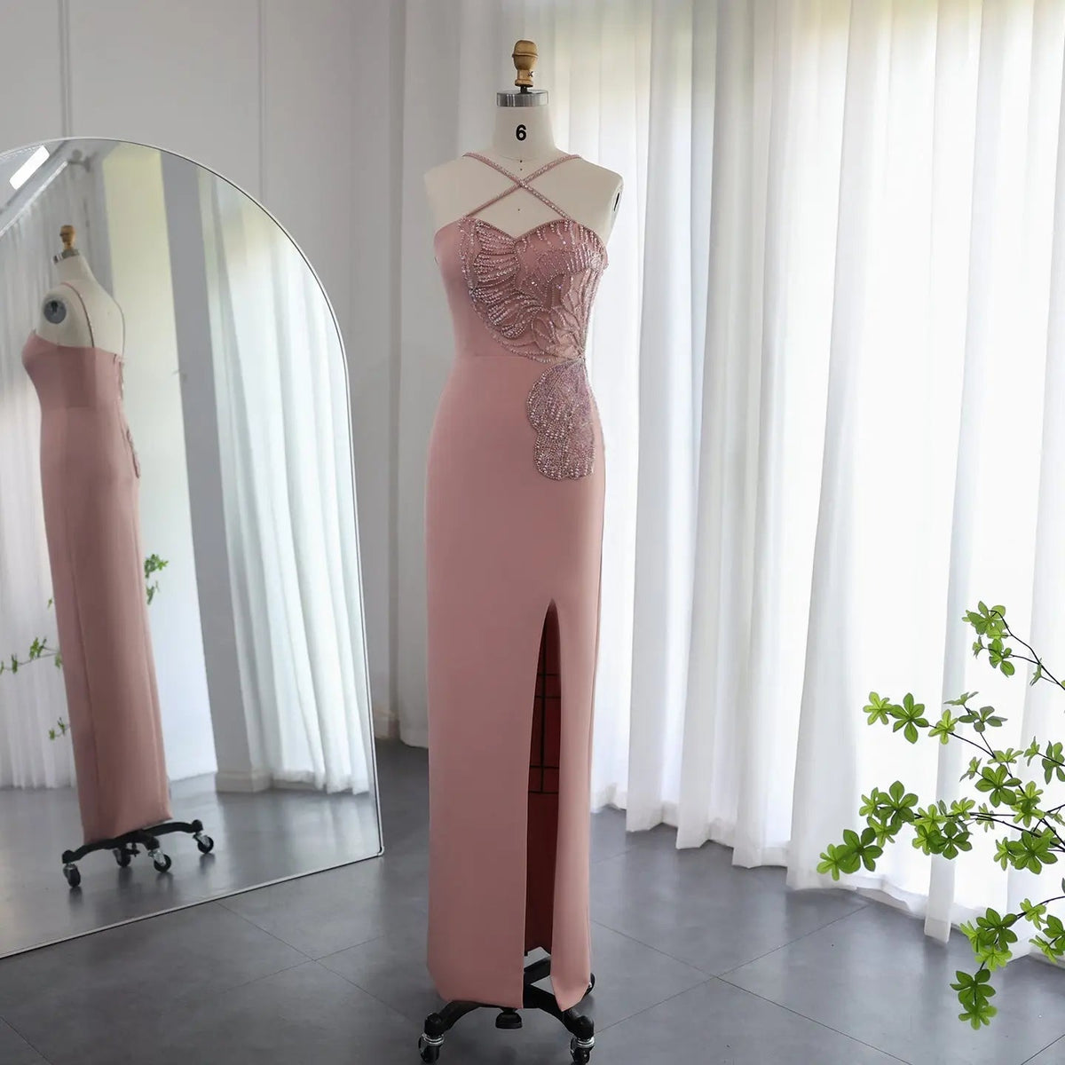 Luxury Pink Butterfly Beaded Evening Dress with Slit SS476