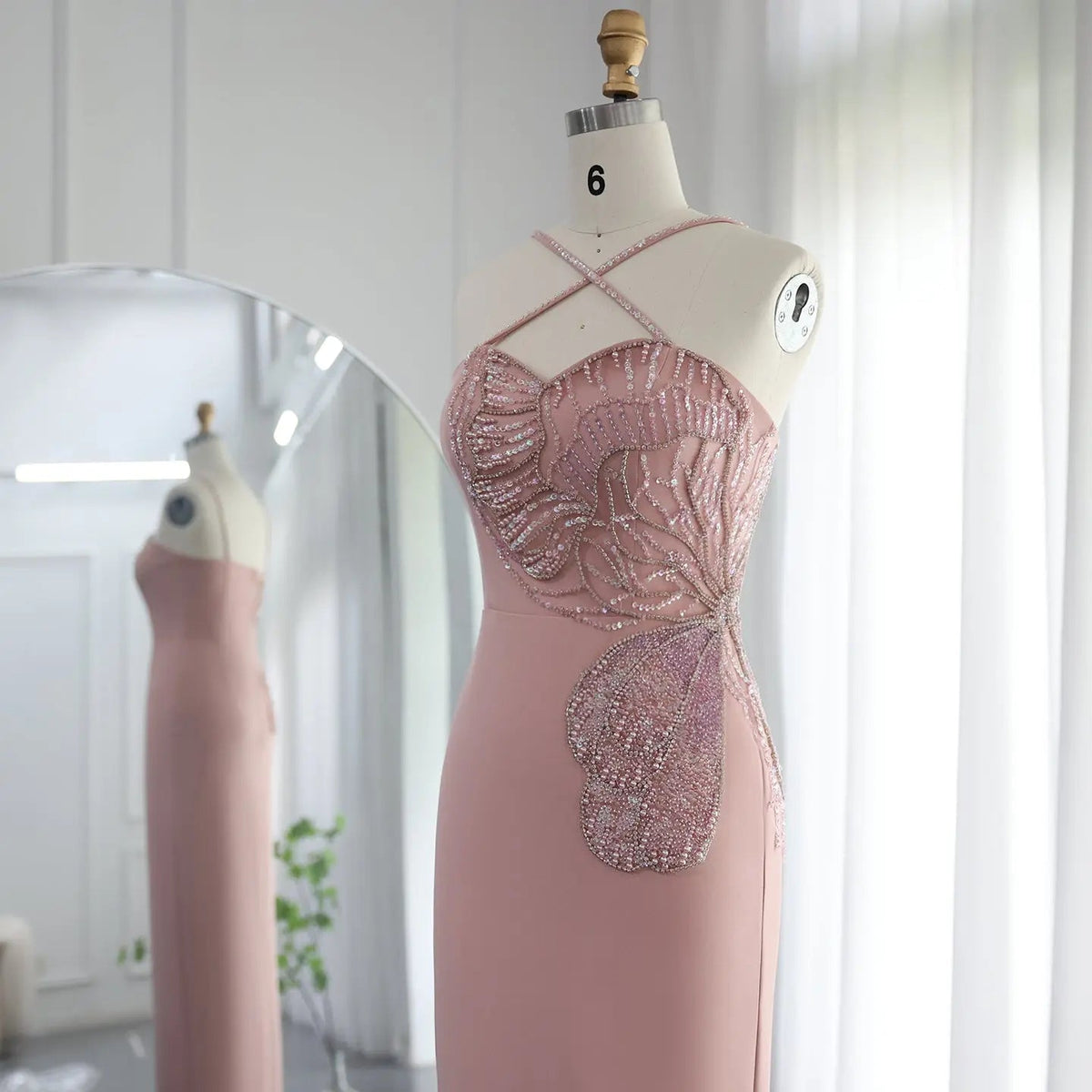Luxury Pink Butterfly Beaded Evening Dress with Slit SS476