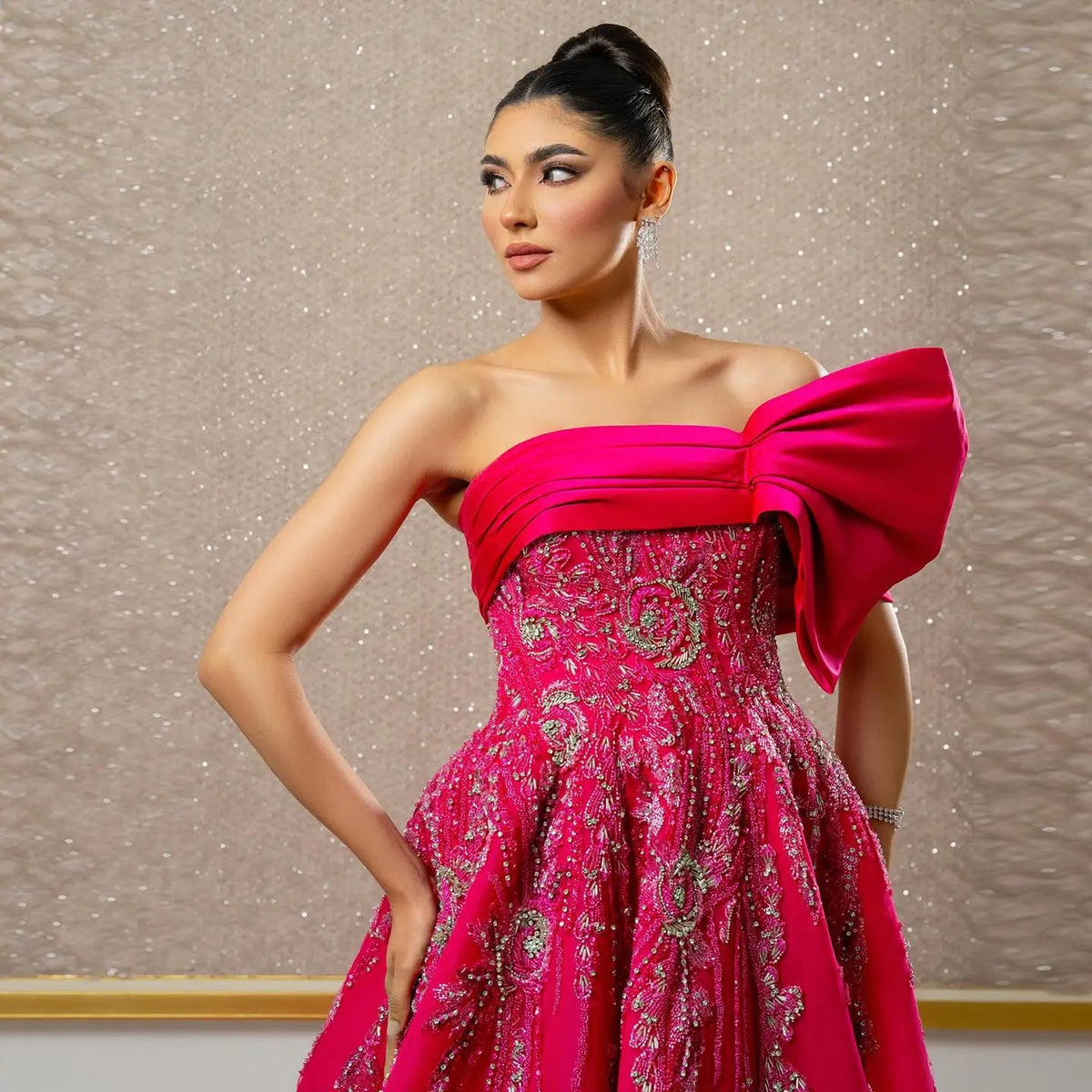 Elegant Fuchsia One Shoulder Evening Dress SS567