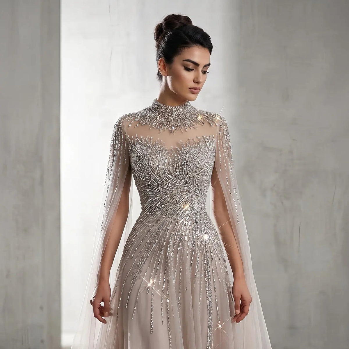 Luxury Blue High Neck Beaded Evening Dress with Cape Sleeve SS134