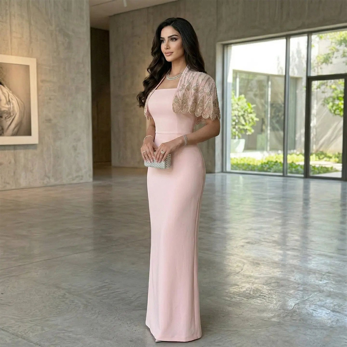 Glamorous Pink Strapless Evening Dress with Beaded Capelet SS302