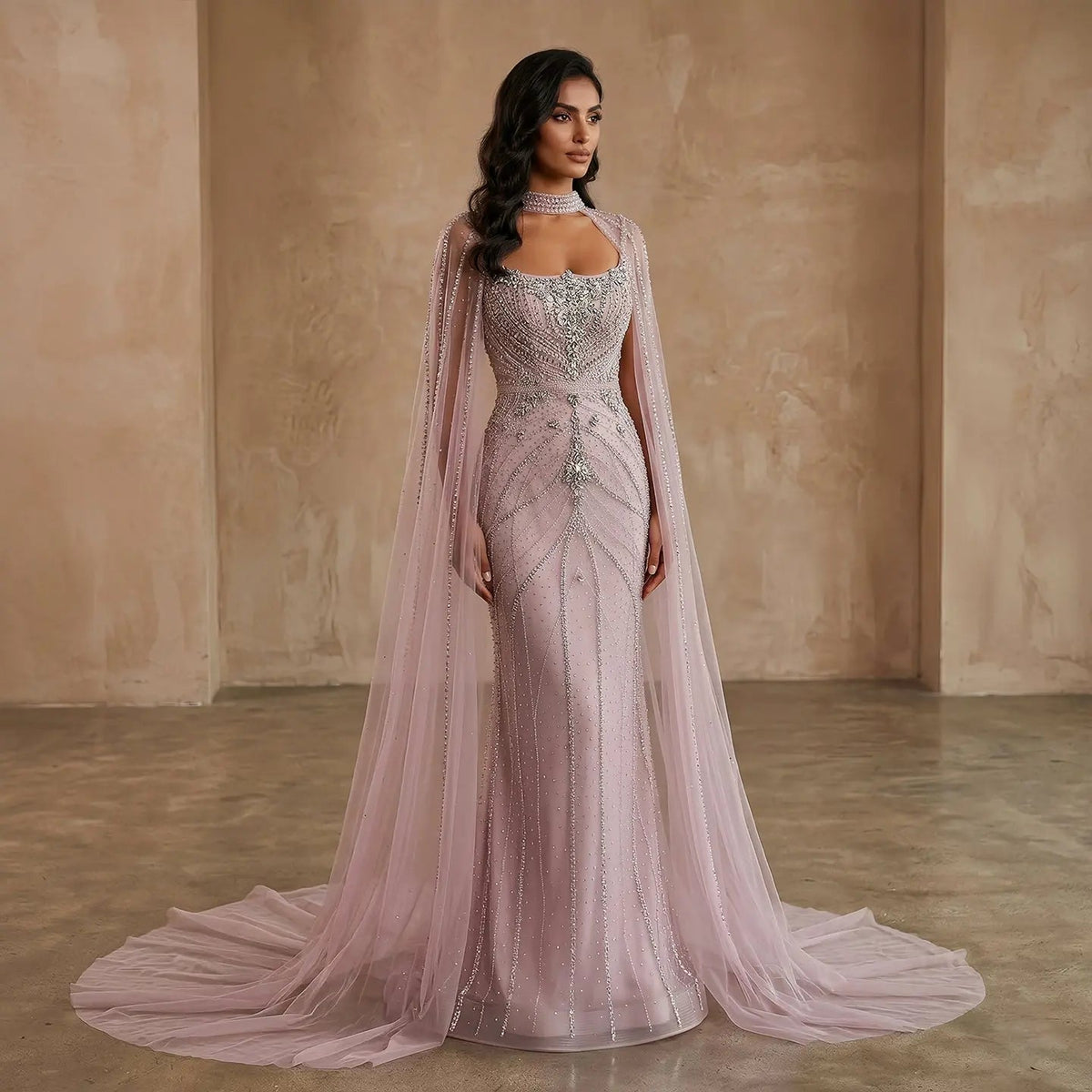 Luxury Champagne Halter Neck Cape Sleeve Beaded Evening Dress SS131