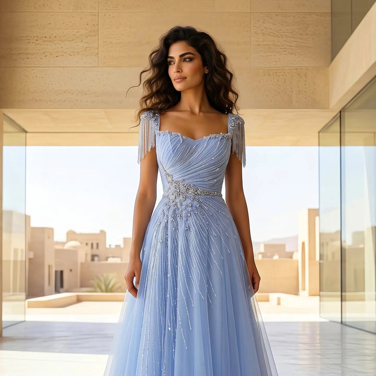 Luxury Blue Tassel Beaded Tulle A-Line Evening Dress SS058