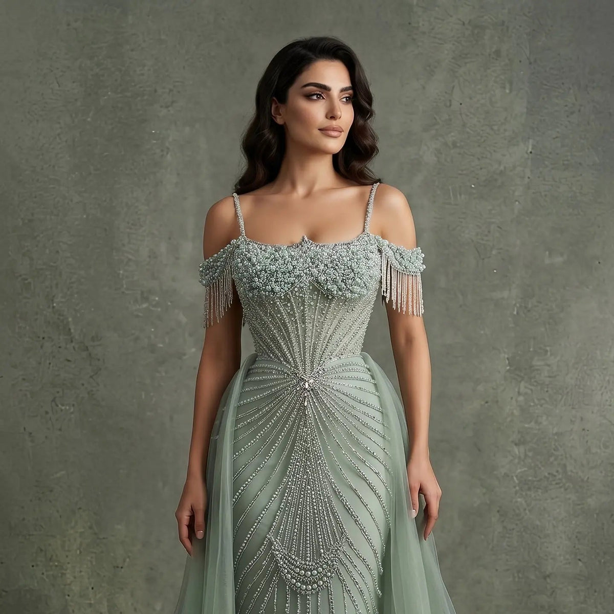 Luxury Green Spaghetti Strap Beaded Evening Dress with Overskirt SS121