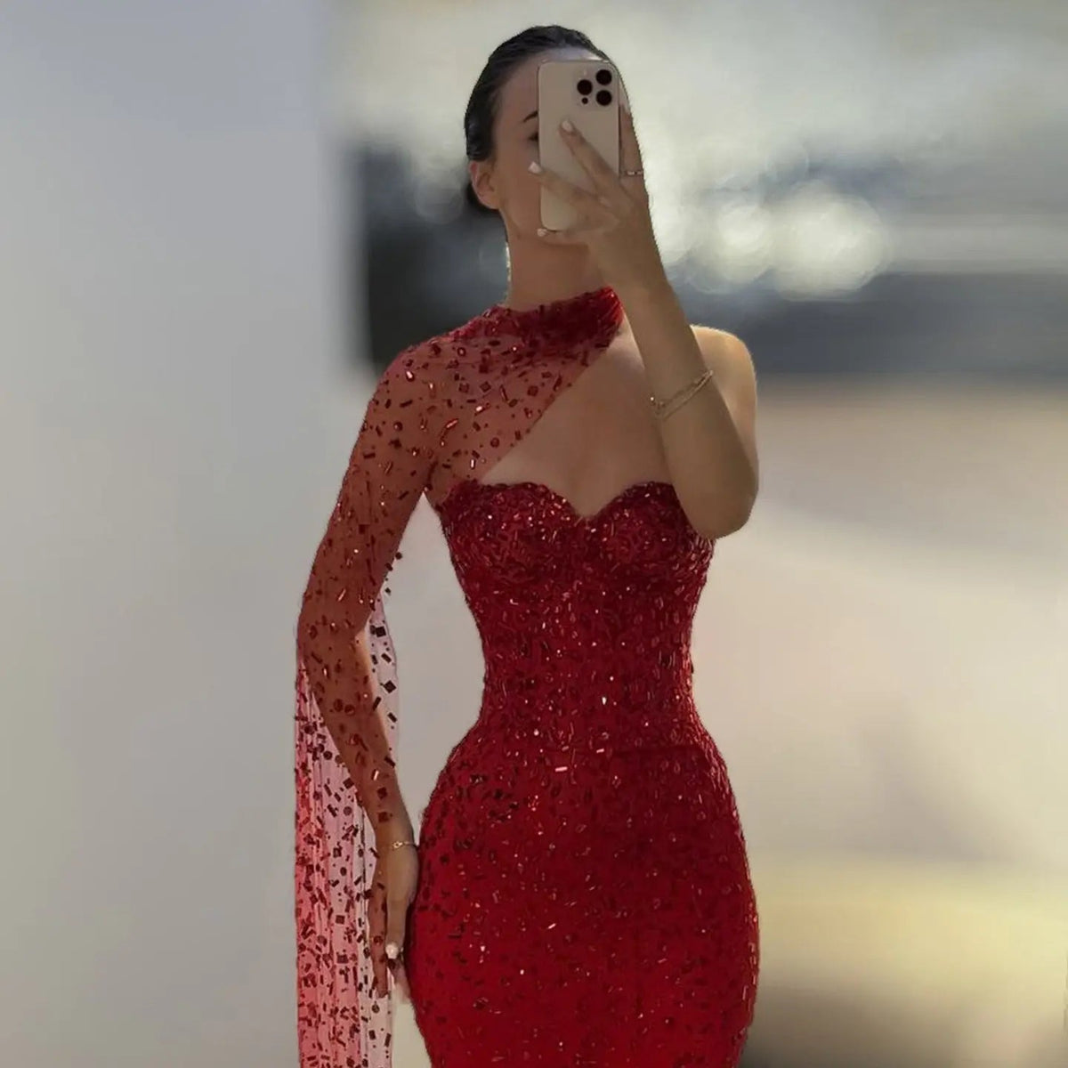 Glamorous Red Sheer Mesh Crystal Beaded Mermaid Evening Dress with Cape SS711