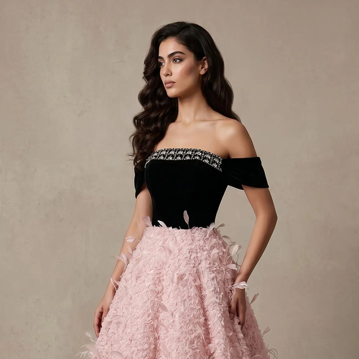 Luxury Black and Pink 3D Floral Feather Strapless Evening Dress SS721