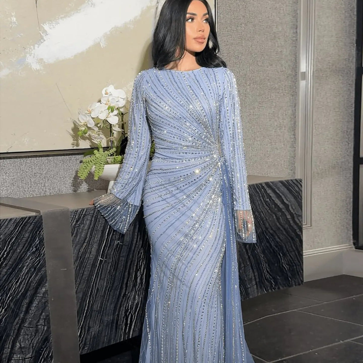 Luxury Beaded Gold Long Sleeves Evening Dress with Overskirt SS113