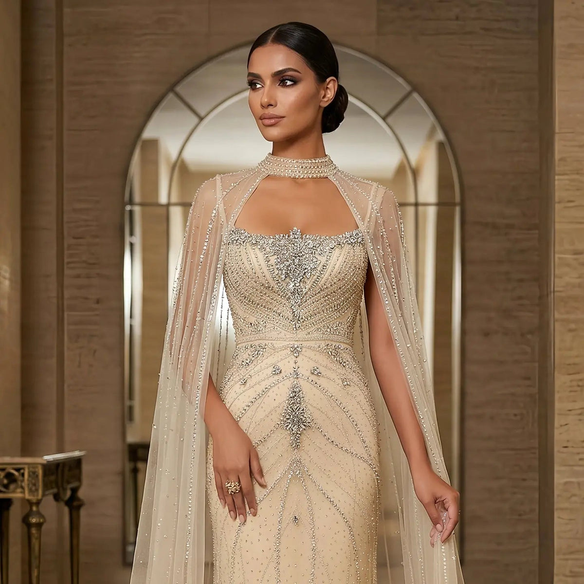 Luxury Champagne Halter Neck Cape Sleeve Beaded Evening Dress SS131