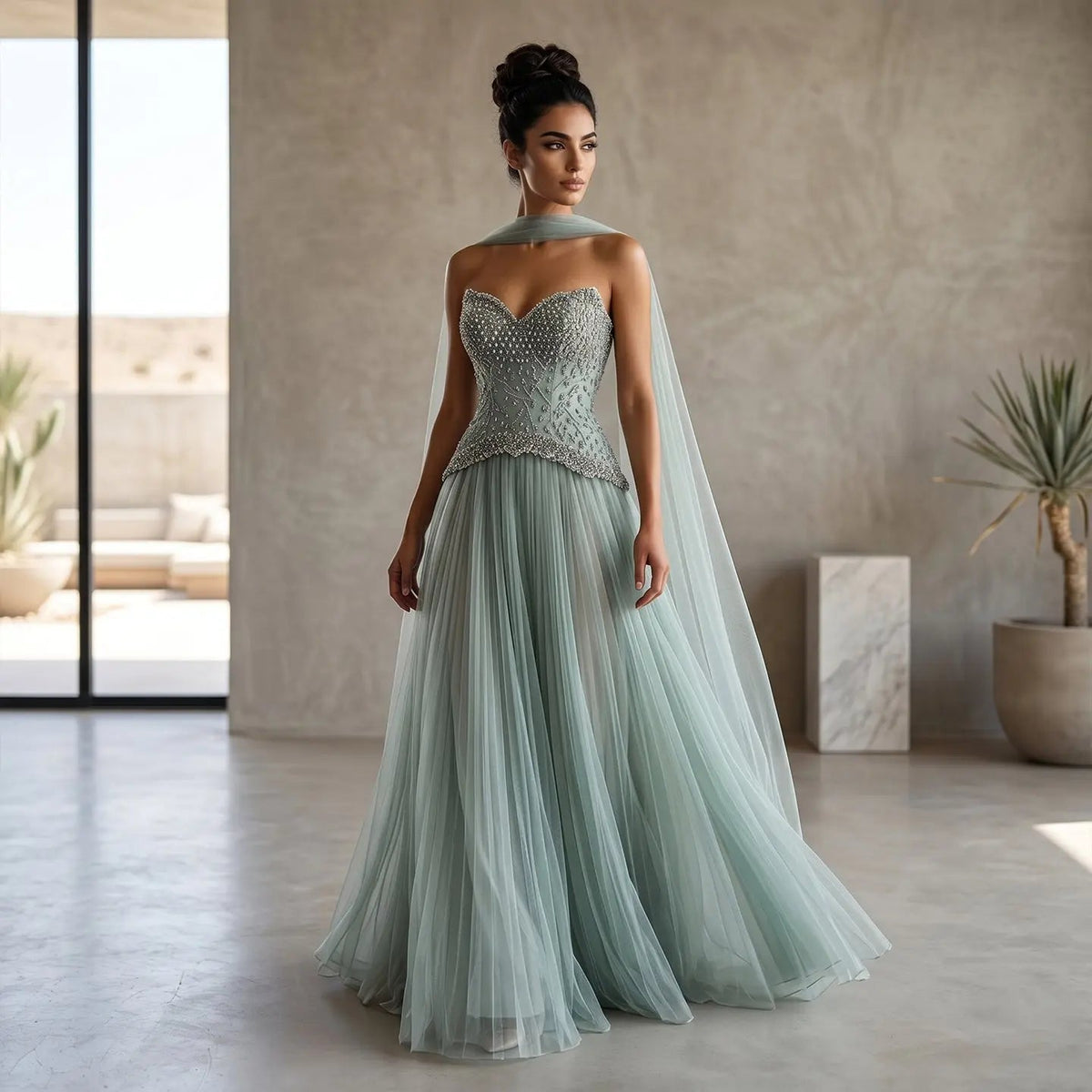 Luxury Sage Green Beaded A-Line Evening Dress with Scarf SS299