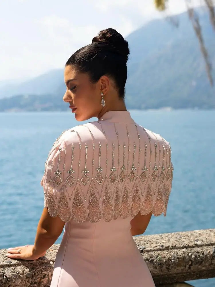 Glamorous Pink Strapless Evening Dress with Beaded Capelet SS302