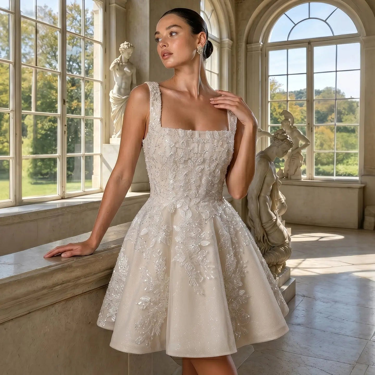 Romantic Champagne Sleeveless A-Line Short Wedding Dress with Deep V Back SW725