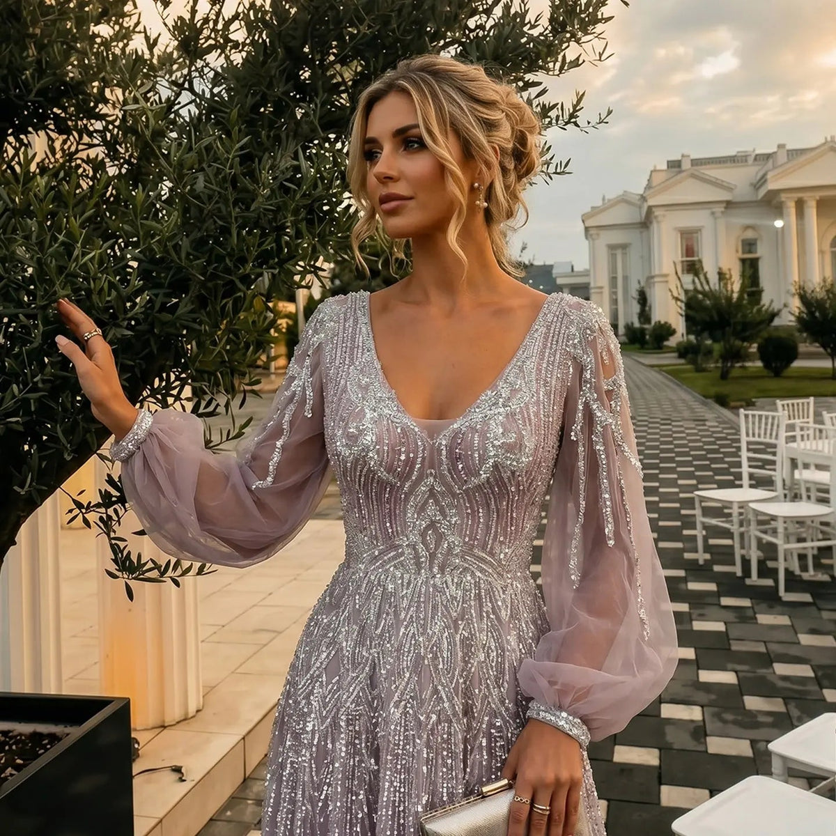 Glamorous Pink Allover Beaded Sheer Tulle Bubble Sleeve Formal Evening Dress SS057