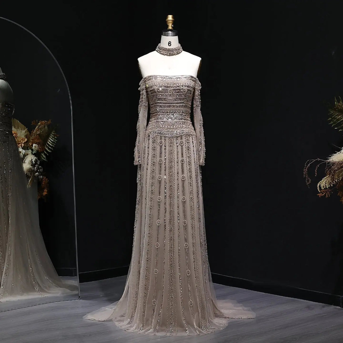 Luxury Beaded Off Shoulder Pink Evening Dress with Choker SS178