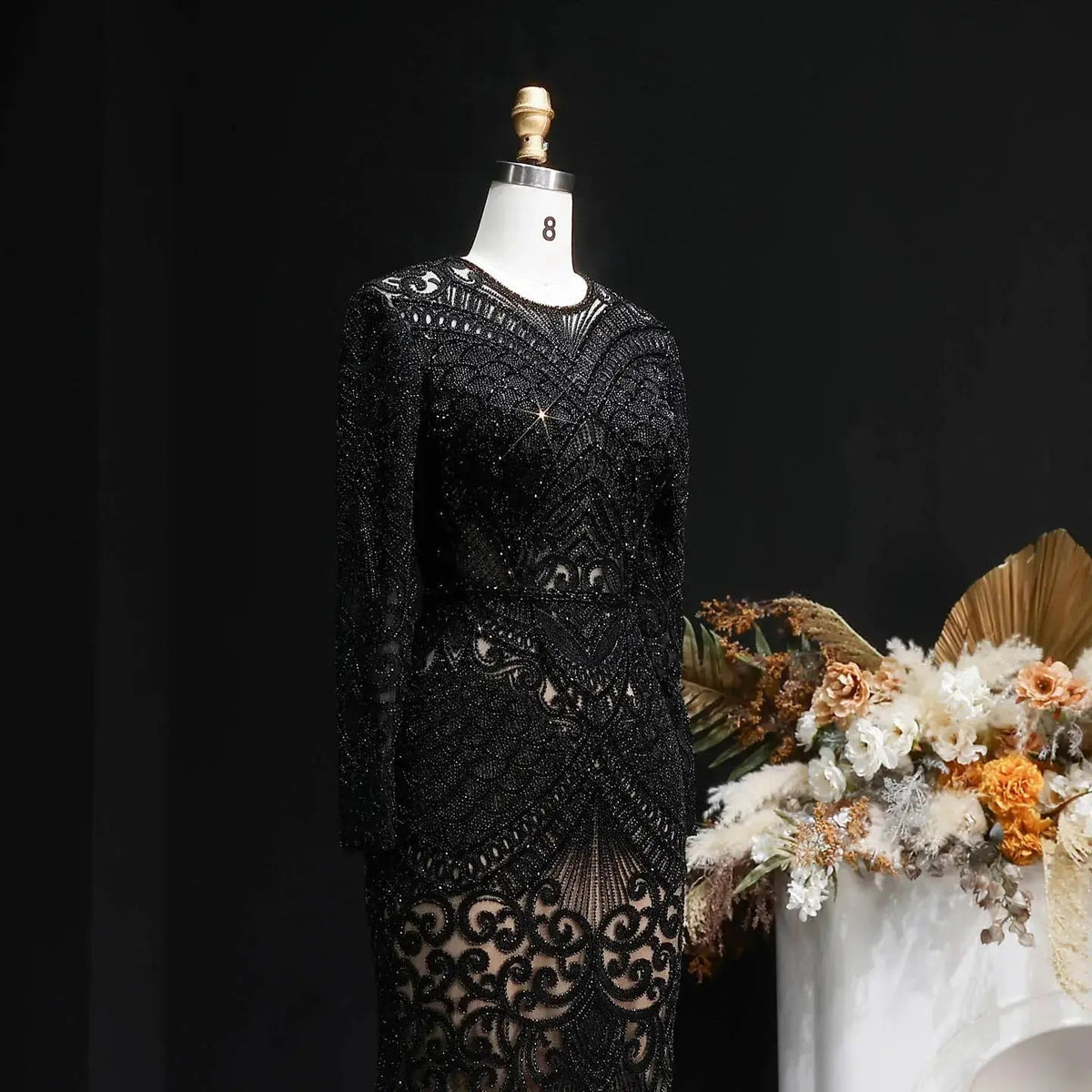 Regal Dark Green Long Sleeve Beaded Mermaid Evening Dress SS056