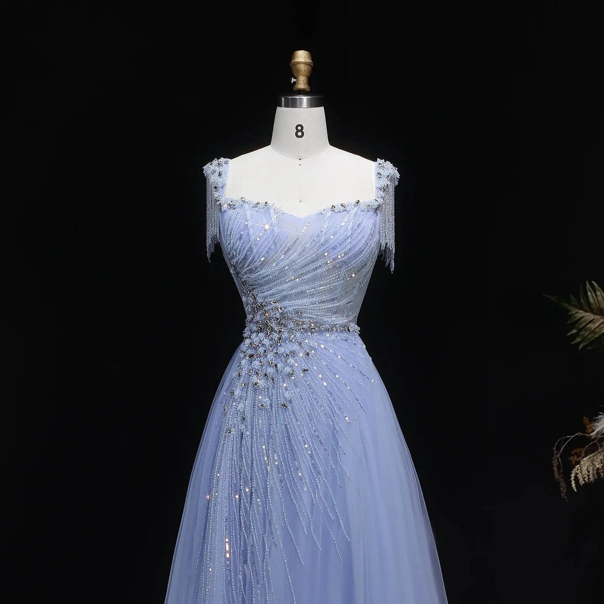 Luxury Blue Tassel Beaded Tulle A-Line Evening Dress SS058